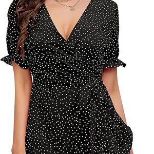 Women's Summer Dress Short Sleeve Dot Print V Neck Ruffle Wrap Sexy Party Beach